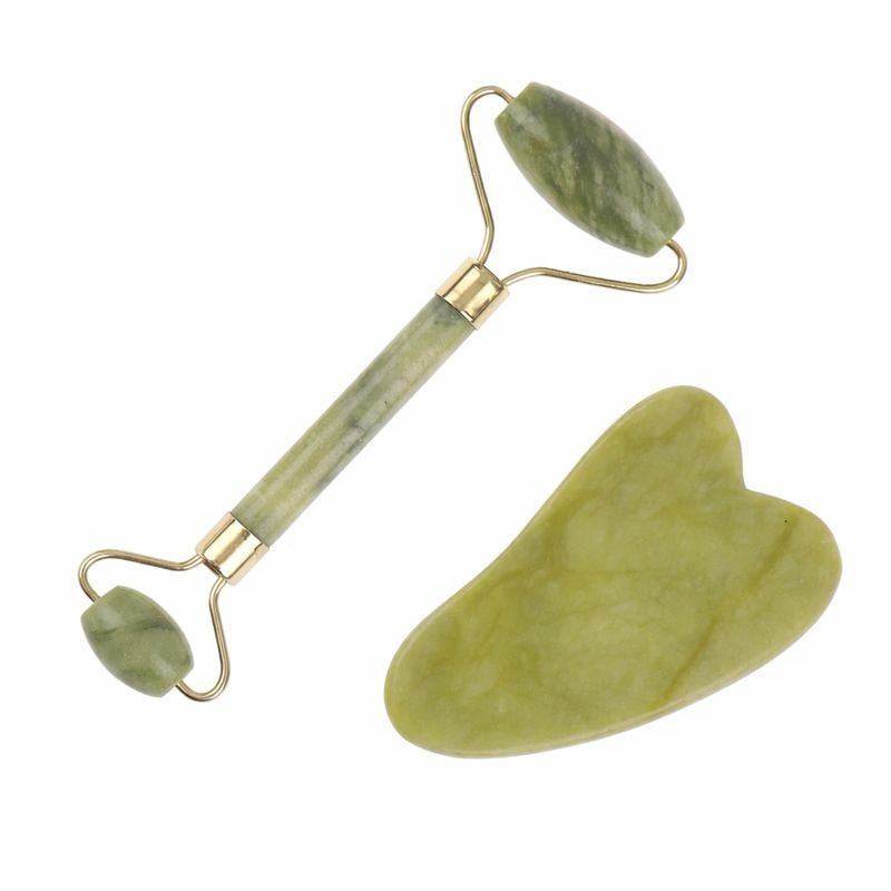 Jade Facial Roller & Gua Sha Scraping Too; Beauty Massager Green