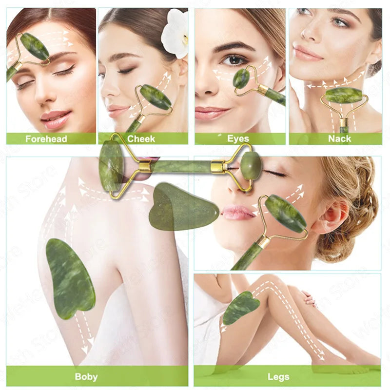 Jade Facial Roller & Gua Sha Scraping Too; Beauty Massager Green